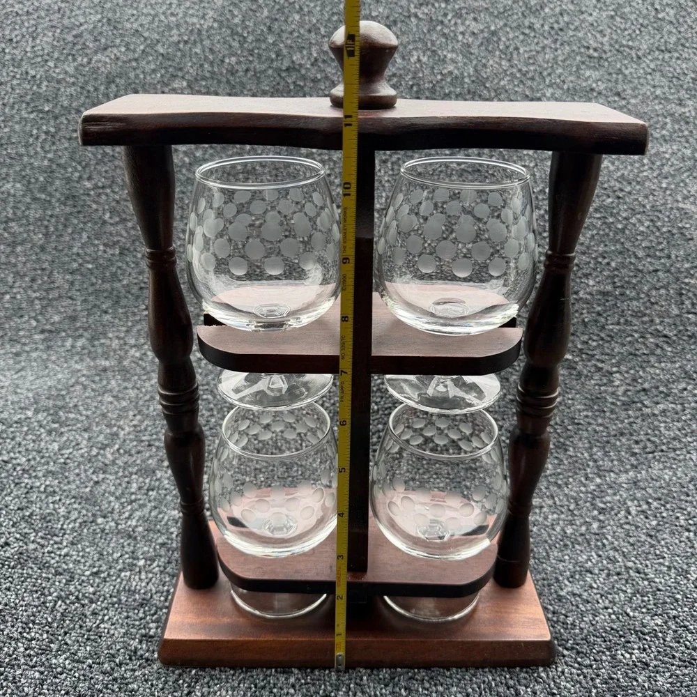 Vintage Wooden Rotating Bar Caddy with 4 Etched Polka Dot Brandy Snifter Glasses